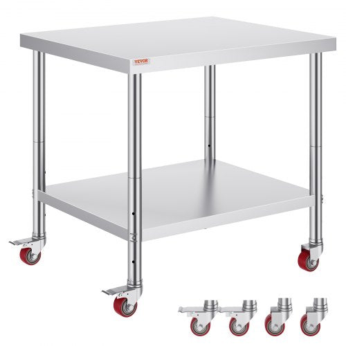 Rostfritt stål cateringbord 30x36 tums kommersiellt köksbord med 4 hjul kommersiell arbetsbänk för matlagning med flexibel justeringshylla för köksbord
