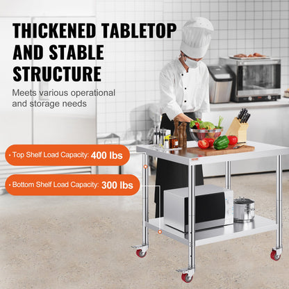 Rostfritt stål cateringbord 30x36 tums kommersiellt köksbord med 4 hjul kommersiell arbetsbänk för matlagning med flexibel justeringshylla för köksbord