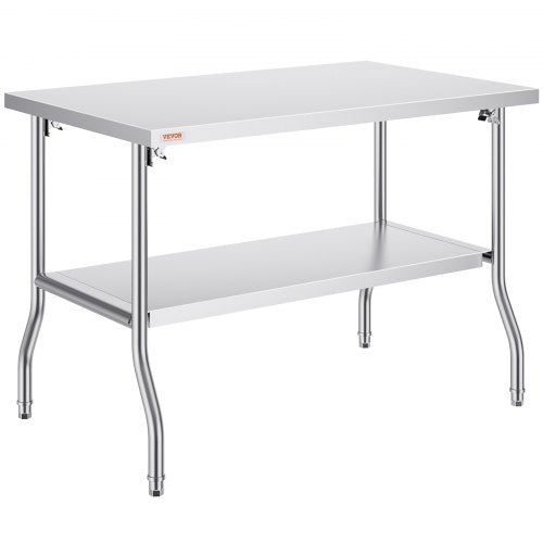 Kommersiellt arbetsbord, arbetsstation, 48x30 tum, fällbart förberedelsebord, fällbart bord i rostfritt stål med dubbla hyllor, köksarbetsbord med 340 kg last, silverfärgad köksö i rostfritt stål