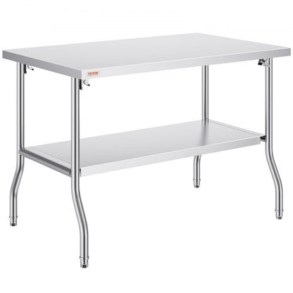 Kommersiellt arbetsbord, arbetsstation, 48x30 tum, fällbart förberedelsebord, fällbart bord i rostfritt stål med dubbla hyllor, köksarbetsbord med 340 kg last, silverfärgad köksö i rostfritt stål