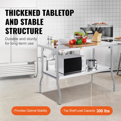 Kommersiellt arbetsbord, arbetsstation, 48x30 tum, fällbart förberedelsebord, fällbart bord i rostfritt stål med dubbla hyllor, köksarbetsbord med 340 kg last, silverfärgad köksö i rostfritt stål