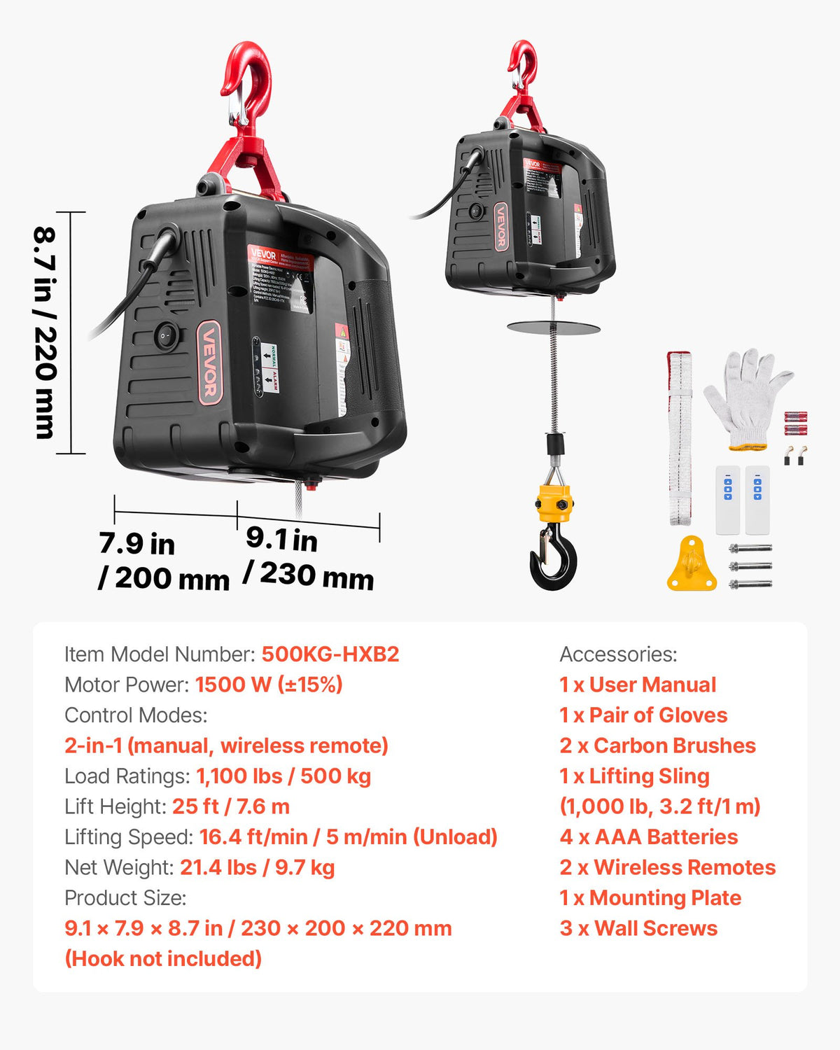 2-in-1 Electric Hoist Winch, 500 kg Capacity, 1500W Portable Power Winch Crane, 7.6 m Lifting Height, 5 m/min with Manual and Wireless Remote Control for Factory, Warehouss, Garage