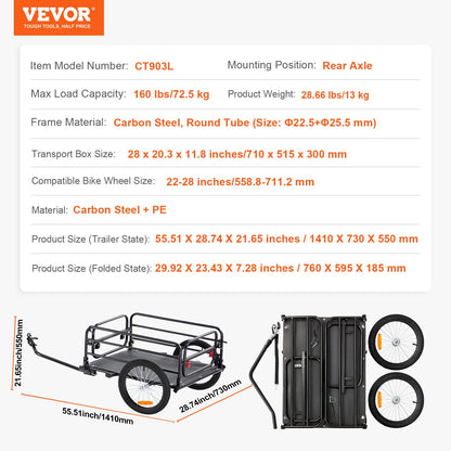 Bike Cargo Trailer, 72.5 kg Load Capacity, Heavy-Duty Bicycle Wagon Cart, Foldable Compact Storage & Quick Release with Universal Hitch, 40.6 cm Wheels, Safe Reflectors, Fits 558.8-711.2 mm Bike Wheels
