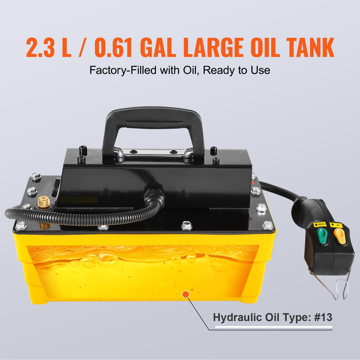 689 bar (10 000 PSI) lufthydraulisk pump, 2,3 l (0,61 gal) behållare, NPT 9,5 mm (3/8 tum) oljeutlopp, NPT 6,4 mm (1/4 tum) inlopp, plastlufthydraulisk pump med fjärrstyrt ställdon, för bilramsmaskin och hydraulpress