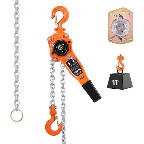 Manual Lever Chain Hoist, 1T 1000KG Capacity Heavy Duty Come Along, 3M Lift G80 Alloy Steel Chain With Dual Pawl Mechanical Brake, 360° Rotating Hooks, for Warehouse Construction Garage