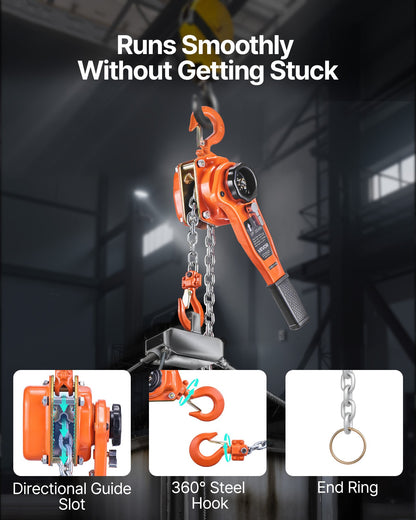 Manual Lever Chain Hoist, 1T 1000KG Capacity Heavy Duty Come Along, 3M Lift G80 Alloy Steel Chain With Dual Pawl Mechanical Brake, 360° Rotating Hooks, for Warehouse Construction Garage