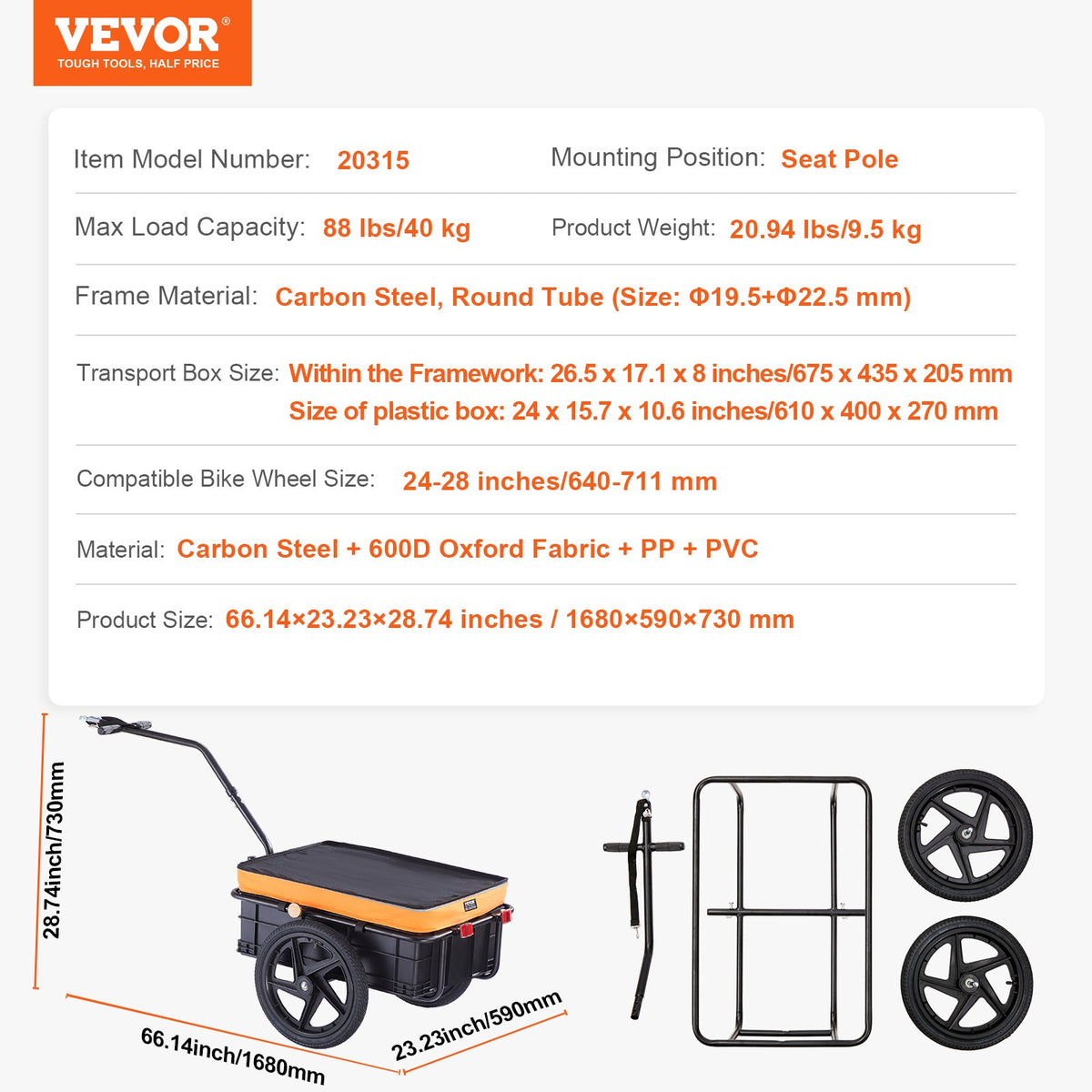 Bike Cargo Trailer, 88 lbs/39.9 kg Load Capacity, Heavy-Duty Bicycle Wagon Cart, Foldable Compact Storage with Universal Hitch, Waterproof Cover, 16" (40.6 cm) Wheels, Safe Reflectors, Fits 24"-28" (61-71 cm) Bike Wheels