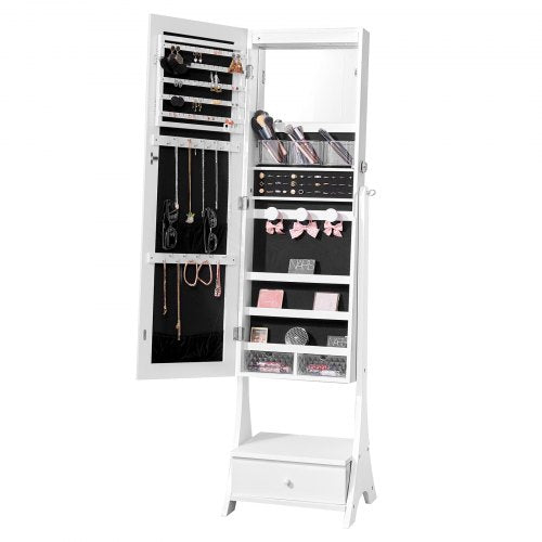 Mirror Jewelry Cabinet, Standing Mirror with Storage, Lockable Jewelry Mirror Organizer with Full Length Mirror, Velvet Lining, Interior LED Light, Drawer, Freestanding Jewelry Armoire, White