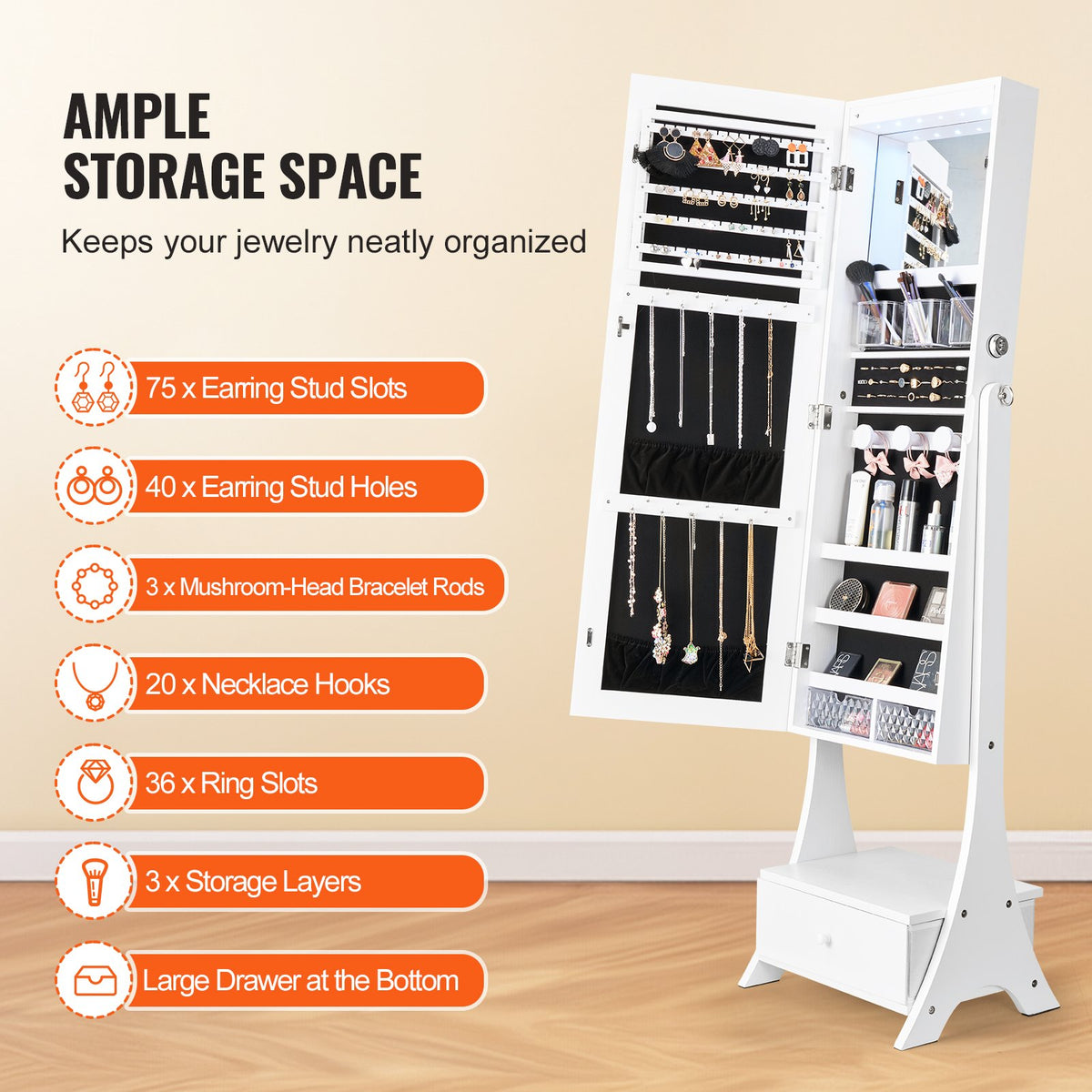 Mirror Jewelry Cabinet, Standing Mirror with Storage, Lockable Jewelry Mirror Organizer with Full Length Mirror, Velvet Lining, Interior LED Light, Drawer, Freestanding Jewelry Armoire, White