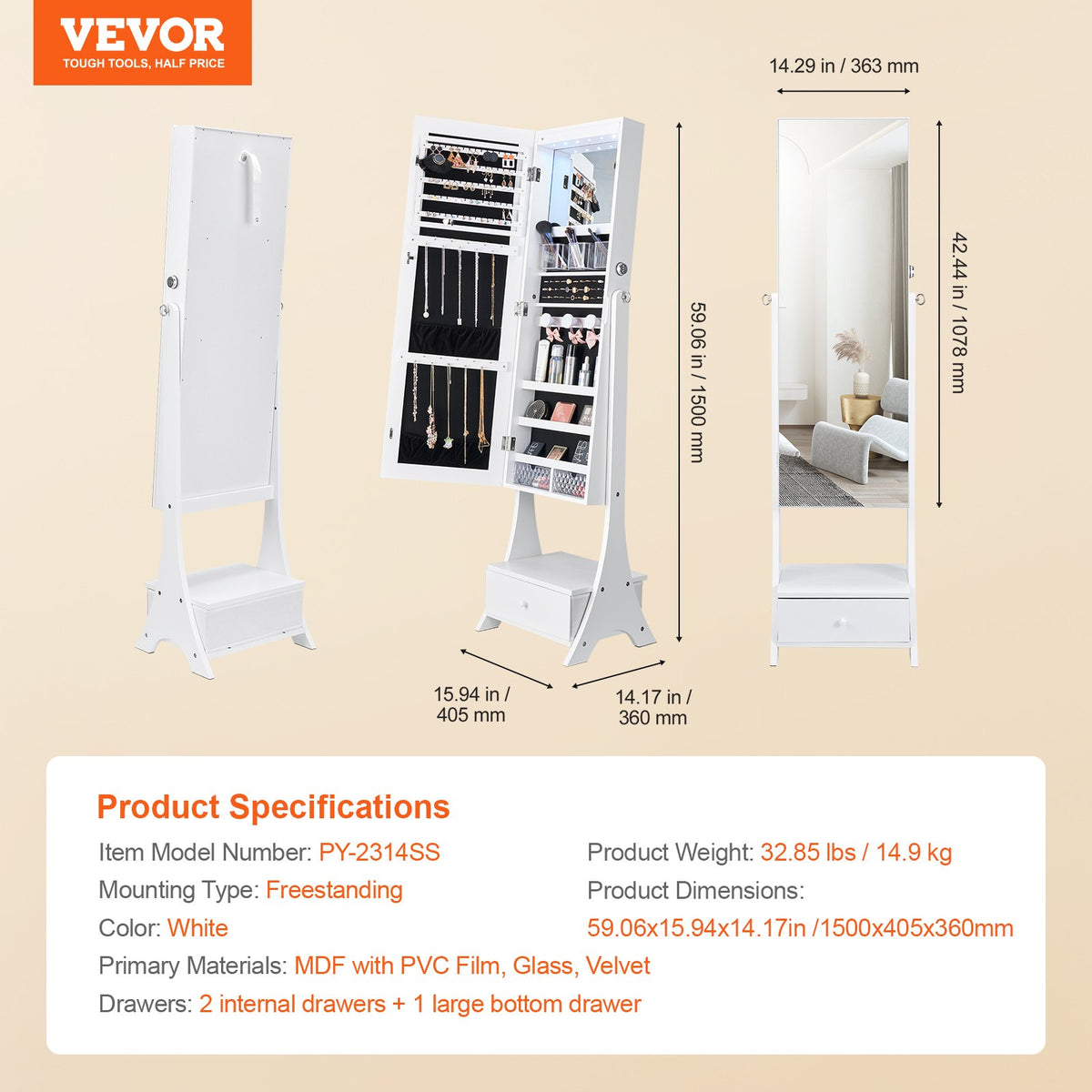 Mirror Jewelry Cabinet, Standing Mirror with Storage, Lockable Jewelry Mirror Organizer with Full Length Mirror, Velvet Lining, Interior LED Light, Drawer, Freestanding Jewelry Armoire, White