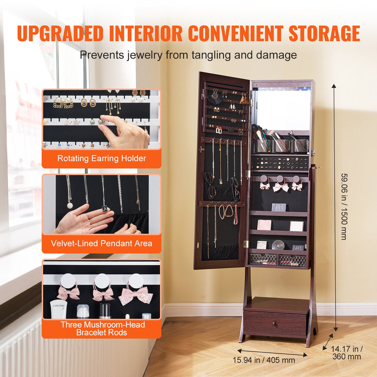 Mirror Jewelry Cabinet, Standing Mirror with Storage, Lockable Jewelry Mirror Organizer with Full Length Mirror, Velvet Lining, Interior LED Light, Drawer, Freestanding Jewelry Armoire, Brown