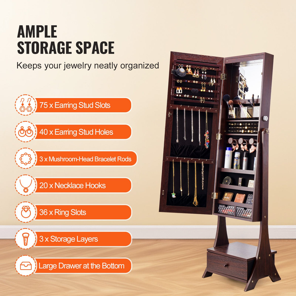 Mirror Jewelry Cabinet, Standing Mirror with Storage, Lockable Jewelry Mirror Organizer with Full Length Mirror, Velvet Lining, Interior LED Light, Drawer, Freestanding Jewelry Armoire, Brown