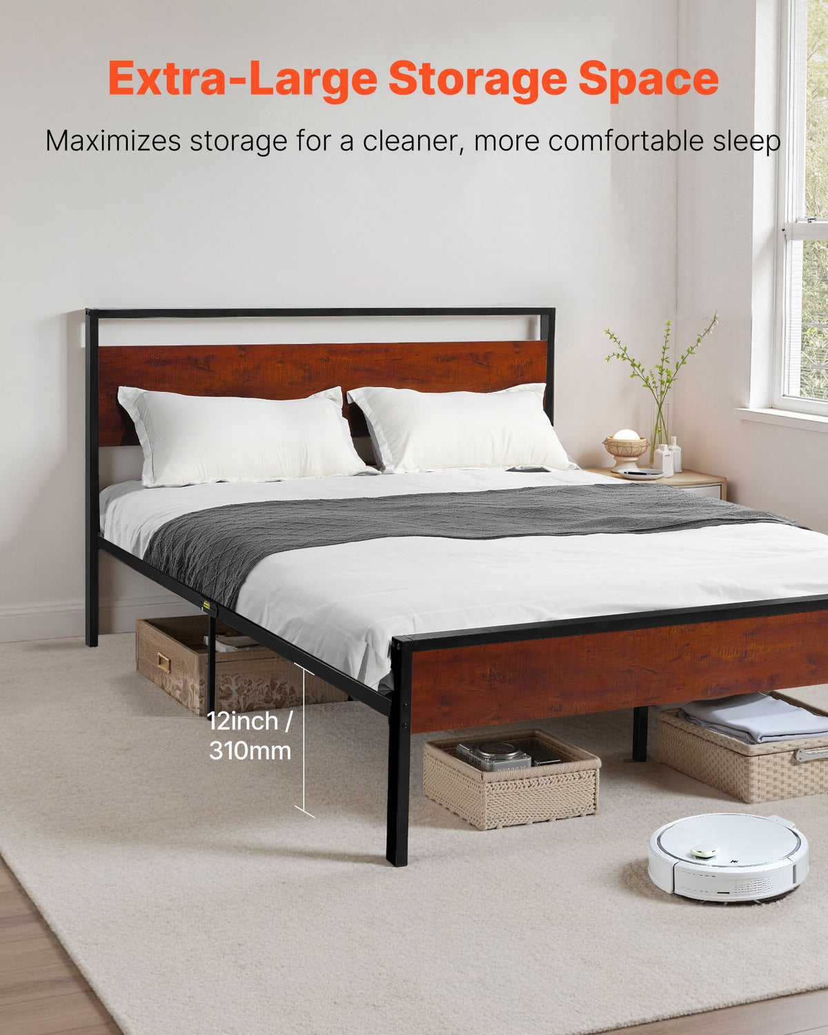Queen Size Bed Frame, 35 cm Black Metal Platform Bed Frame with Retro Brown Wooden Headboard and Footboard, Large Under-Bed Storage, Non-Slip Without Noise, No Box Spring Needed, Easy Assembly