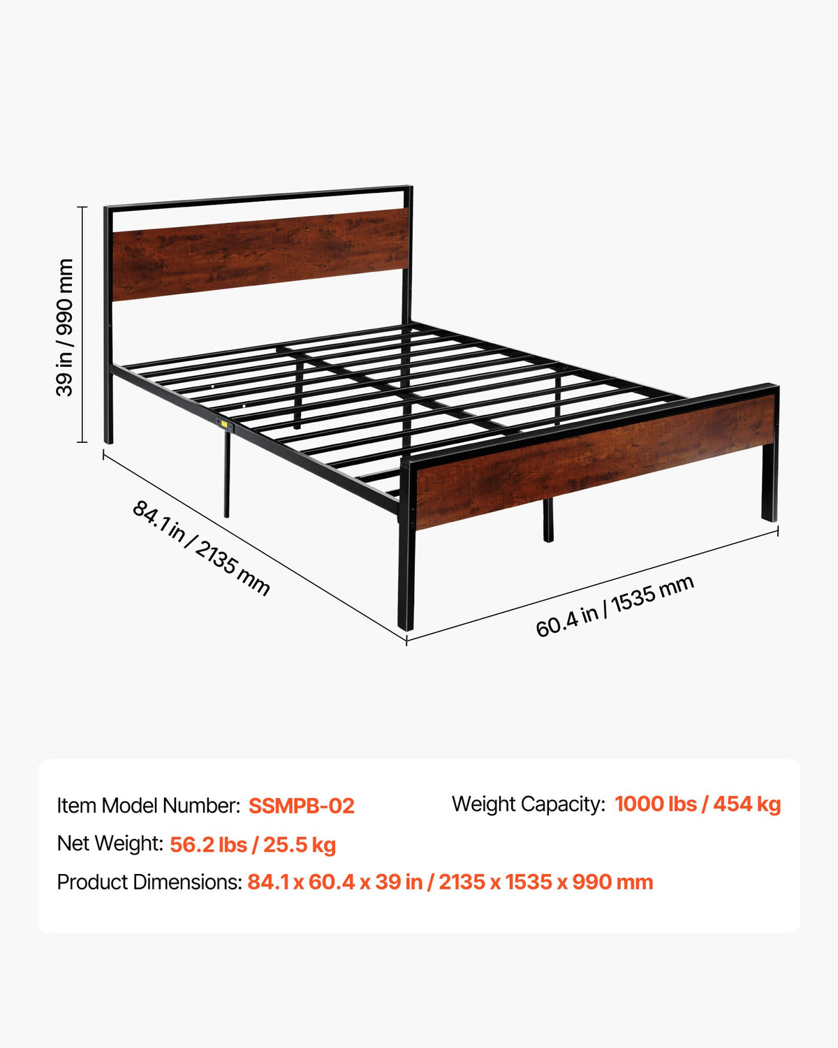 Queen Size Bed Frame, 35 cm Black Metal Platform Bed Frame with Retro Brown Wooden Headboard and Footboard, Large Under-Bed Storage, Non-Slip Without Noise, No Box Spring Needed, Easy Assembly