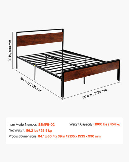 Queen Size Bed Frame, 35 cm Black Metal Platform Bed Frame with Retro Brown Wooden Headboard and Footboard, Large Under-Bed Storage, Non-Slip Without Noise, No Box Spring Needed, Easy Assembly
