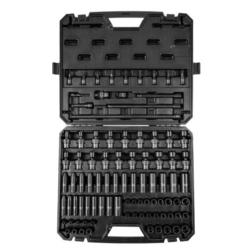 3/8" slaghylsnyckelsats, 90-delars hylsnyckelsats SAE 1/4"-3/4" och metrisk 6-19 mm, 6-kants Cr-Mo-legerat stål för bilreparationer, inkluderar förlängningsstänger, universalkopplingsadapter, lås, förvaringsväska