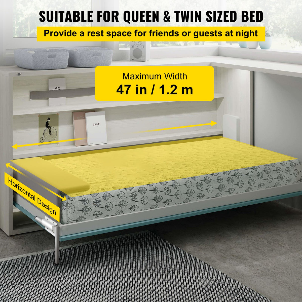 Murphy monteringsväggfjädrar mekanism kraftigt stödbeslag DIY-kit för queen size-säng (horisontell), vit