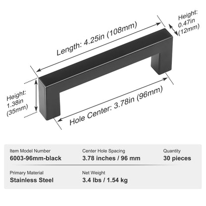 30-pack skåphandtag, 3,86 tum / 96 mm centrum-till-centrum smala fyrkantiga köksskåpslåda, moderna köksskåpsdörrhandtag i rostfritt stål för kök, badrum, barbeslag mattsvart