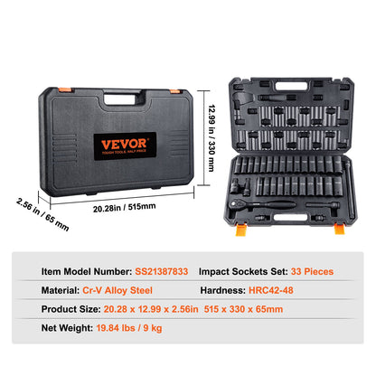 1/2" slaghylsnyckelsats, 33-delars hylsnyckelsats SAE 3/8"-1" och metrisk 10-24 mm, 6-kants Cr-V-legerat stål för bilreparationer, lättlästa storleksmarkeringar, robust konstruktion, inkluderar förvaringsväska