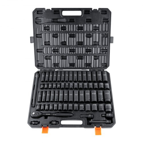 1/2" Drive Impact Socket Set, 65 Piece Socket Set SAE 3/8" to 1-1/4" and Metric 10-24mm, 6 Point Cr-V Alloy Steel for Auto Repair, Rugged Construction, Easy-to-Read Size Markings, Storage Case