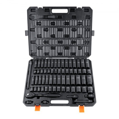 1/2" Drive Impact Socket Set, 65 Piece Socket Set SAE 3/8" to 1-1/4" and Metric 10-24mm, 6 Point Cr-V Alloy Steel for Auto Repair, Rugged Construction, Easy-to-Read Size Markings, Storage Case
