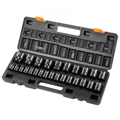 Krafthylsnyckelsats 1/2 tum 26-delars krafthylsor, grund hylsa, 6-punktshylsor, robust konstruktion, CR-V, 1/2 tums hylsnyckelsats med slaglängd, metrisk 10 mm - 36 mm, med förvaringsbur
