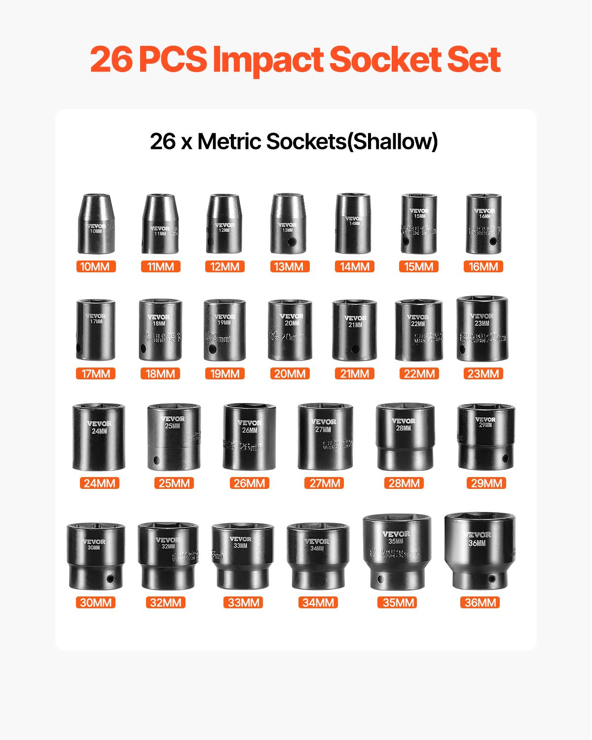 Krafthylsnyckelsats 1/2 tum 26-delars krafthylsor, grund hylsa, 6-punktshylsor, robust konstruktion, CR-V, 1/2 tums hylsnyckelsats med slaglängd, metrisk 10 mm - 36 mm, med förvaringsbur
