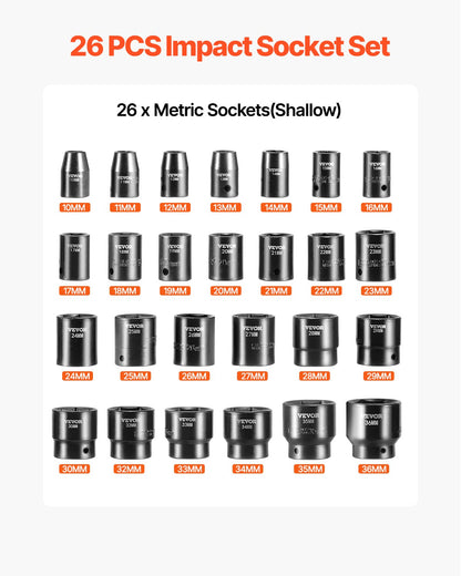 Krafthylsnyckelsats 1/2 tum 26-delars krafthylsor, grund hylsa, 6-punktshylsor, robust konstruktion, CR-V, 1/2 tums hylsnyckelsats med slaglängd, metrisk 10 mm - 36 mm, med förvaringsbur