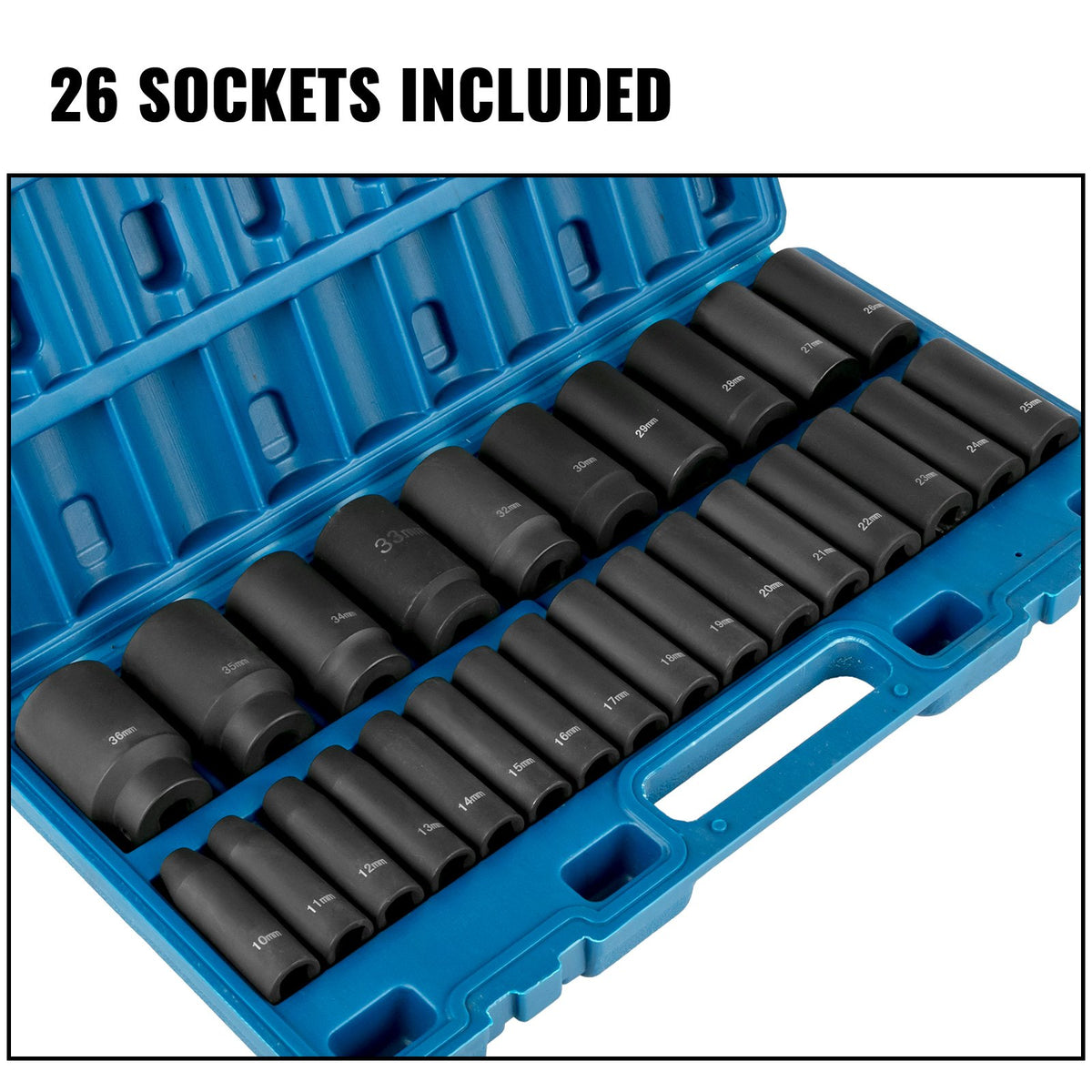 Krafthylsnyckelsats, 1/2" 26-delars krafthylsor, djup hylsa, 6-punktshylsor, 1/2-tums hylsnyckelsats, slagmetrisk 10 mm - 36 mm, robust Cr-V-konstruktion, med förvaringsbur