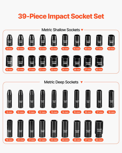 1/2 in Drive Impact Socket Set, 39 Piece, 6 Point Deep & Shallow Impact Sockets, Metric 9 to 30 mm, Cr-V Steel High Durability, with Universal Joint, Dual Size Markings, Heavy Duty Carrying Case