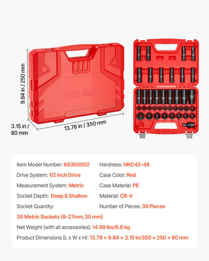 1/2 in Drive Impact Socket Set, 39 Piece, 6 Point Deep & Shallow Impact Sockets, Metric 9 to 30 mm, Cr-V Steel High Durability, with Universal Joint, Dual Size Markings, Heavy Duty Carrying Case