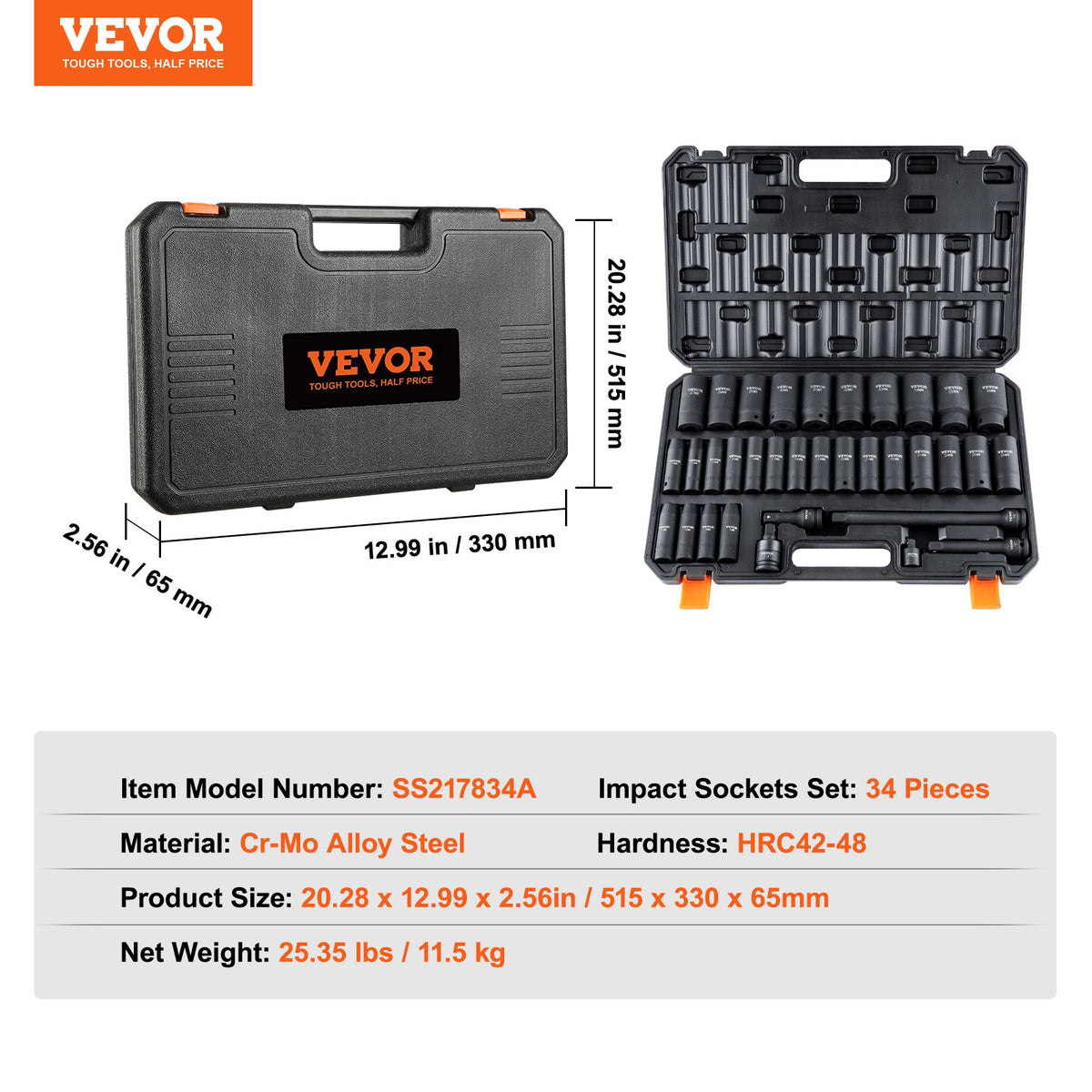 1/2" slaghylsnyckelsats, 34 delar hylsnyckelsats metrisk (8-36 mm) 6-punkts Cr-MO-legerat stål för bilreparationer, robust konstruktion, inkluderar kraftig förvaringsväska