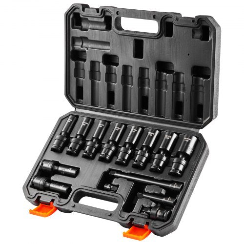 360 graders vridbar krafthylsnyckelsats, 3/8" hylsnyckelsats 14 delar djup universal metrisk 10-19 mm, 6-kantig Cr-Mo legerat stål för bilreparationer, lättlästa storleksmarkeringar, robust konstruktion, förvaringsväska