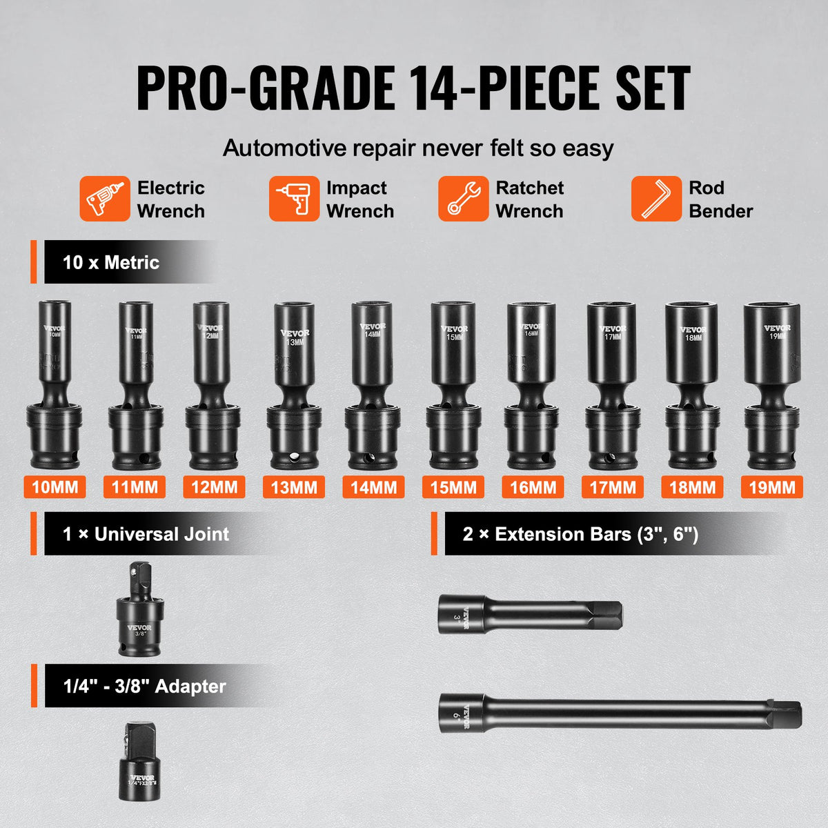 360 graders vridbar krafthylsnyckelsats, 3/8" hylsnyckelsats 14 delar djup universal metrisk 10-19 mm, 6-kantig Cr-Mo legerat stål för bilreparationer, lättlästa storleksmarkeringar, robust konstruktion, förvaringsväska