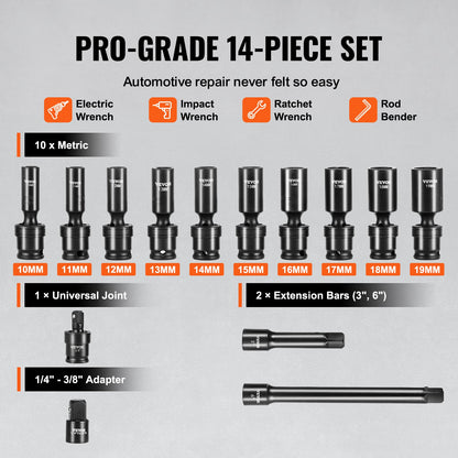 360 graders vridbar krafthylsnyckelsats, 3/8" hylsnyckelsats 14 delar djup universal metrisk 10-19 mm, 6-kantig Cr-Mo legerat stål för bilreparationer, lättlästa storleksmarkeringar, robust konstruktion, förvaringsväska
