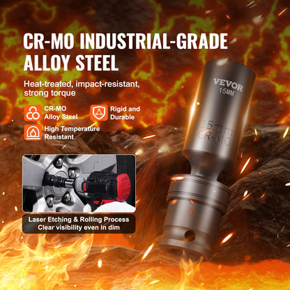360 graders vridbar krafthylsnyckelsats, 3/8" hylsnyckelsats 14 delar djup universal metrisk 10-19 mm, 6-kantig Cr-Mo legerat stål för bilreparationer, lättlästa storleksmarkeringar, robust konstruktion, förvaringsväska