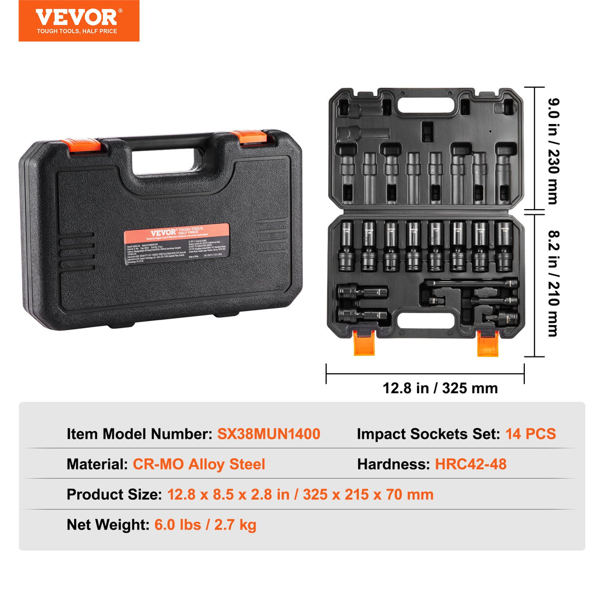 360 graders vridbar krafthylsnyckelsats, 3/8" hylsnyckelsats 14 delar djup universal metrisk 10-19 mm, 6-kantig Cr-Mo legerat stål för bilreparationer, lättlästa storleksmarkeringar, robust konstruktion, förvaringsväska