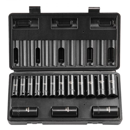 3/8" slaghylsnyckelsats, 15-delars djup hylsnyckelsats metrisk 8-22 mm, 6-kantig Cr-Mo-legerat stål för bilreparationer, lättlästa storleksmarkeringar, robust konstruktion, inkluderar förvaringsväska