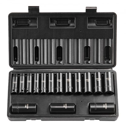 3/8" slaghylsnyckelsats, 15-delars djup hylsnyckelsats metrisk 8-22 mm, 6-kantig Cr-Mo-legerat stål för bilreparationer, lättlästa storleksmarkeringar, robust konstruktion, inkluderar förvaringsväska