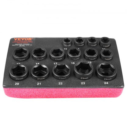 3/8" slaghylsnyckelsats, 15-delars ultrakort hylsnyckelsats metrisk 10-24 mm, 6-kantig Cr-Mo-legerat stål för bilreparationer, lättlästa storleksmarkeringar, robust konstruktion, hylsnyckelorganisatör