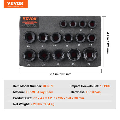 3/8" slaghylsnyckelsats, 15-delars ultrakort hylsnyckelsats metrisk 10-24 mm, 6-kantig Cr-Mo-legerat stål för bilreparationer, lättlästa storleksmarkeringar, robust konstruktion, hylsnyckelorganisatör