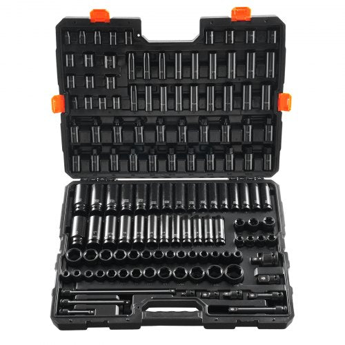 Krafthylsnyckelsats 130 delar 3/8" och 1/2" - SAE- och metrisk hylsnyckelsats - 6-kantig Cr-Mo-legerat stål för bilreparationer - Lättlästa storleksmarkeringar - Inkluderar förvaringsfodral