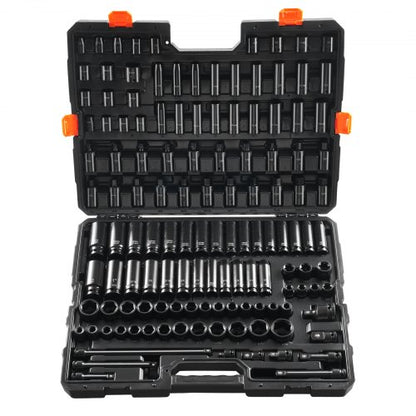 Krafthylsnyckelsats 130 delar 3/8" och 1/2" - SAE- och metrisk hylsnyckelsats - 6-kantig Cr-Mo-legerat stål för bilreparationer - Lättlästa storleksmarkeringar - Inkluderar förvaringsfodral