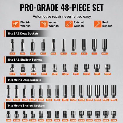 1/4" slaghylsnyckelsats, 48 ​​delar djup och grund hylsnyckelsats SAE 3/16"-9/16" och metrisk 4-15 mm, 6-kantig Cr-Mo-legerat stål för bilreparationer, lättlästa storleksmarkeringar, förvaringsväska