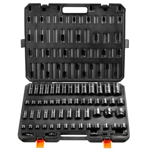 Sats med krafthylsnyckel med 3/8" och 1/2" fäste, 59 delars hylsnyckelsats SAE 5/16" till 1-1/4" och metrisk 6-32 mm, 6-kants Cr-Mo-legerat stål för bilreparationer, lättlästa markeringar, robust konstruktion, förvaringsväska