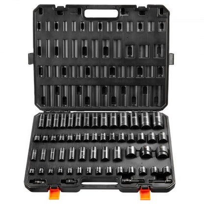 Sats med krafthylsnyckel med 3/8" och 1/2" fäste, 59 delars hylsnyckelsats SAE 5/16" till 1-1/4" och metrisk 6-32 mm, 6-kants Cr-Mo-legerat stål för bilreparationer, lättlästa markeringar, robust konstruktion, förvaringsväska