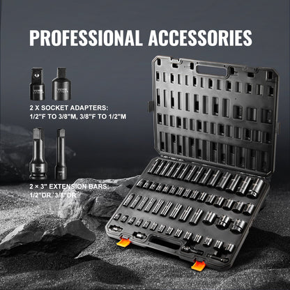 Sats med krafthylsnyckel med 3/8" och 1/2" fäste, 59 delars hylsnyckelsats SAE 5/16" till 1-1/4" och metrisk 6-32 mm, 6-kants Cr-Mo-legerat stål för bilreparationer, lättlästa markeringar, robust konstruktion, förvaringsväska