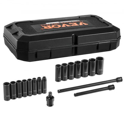 3/8" slaghylsnyckelsats, 18-delars djup hylsnyckelsats metrisk 8-22 mm, 6-kantig CR-V-legerat stål för bilreparationer, lättlästa storleksmarkeringar, robust konstruktion, inkluderar förvaringsväska