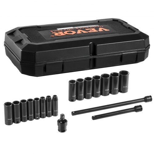 3/8" slaghylsnyckelsats, 18-delars djup hylsnyckelsats metrisk 8-22 mm, 6-kantig CR-V-legerat stål för bilreparationer, lättlästa storleksmarkeringar, robust konstruktion, inkluderar förvaringsväska