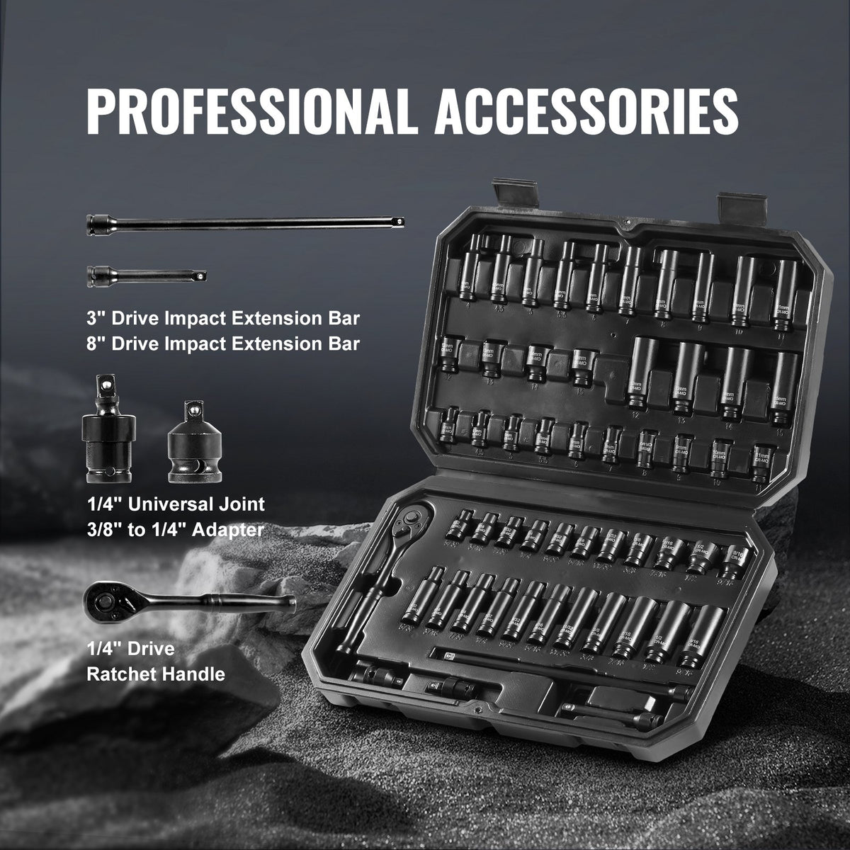 1/4" slaghylsnyckelsats, 55-delars djup och grund hylsnyckelsats SAE 5/32"-9/16" och metrisk 4-15 mm, 6-kantig CR-V-legerat stål för bilreparationer, lättlästa storleksmarkeringar, förvaringsväska